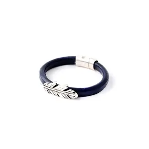 Navy Italian Leather Bracelet with Pewter Feather