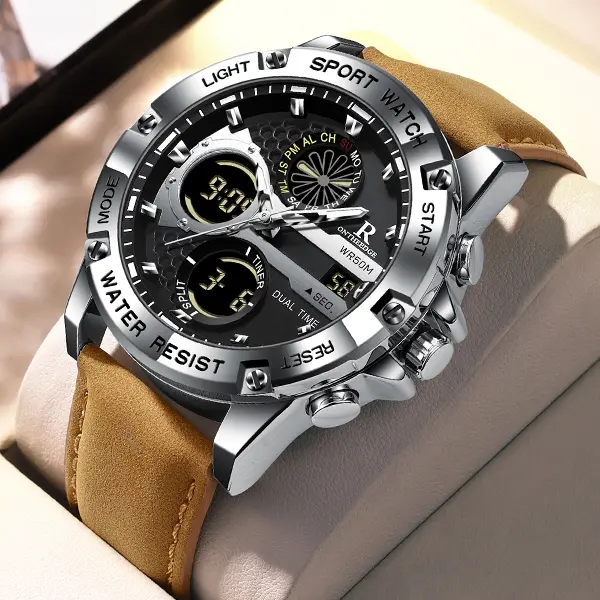 ONTHEEDGE Men's Analog Digital Watch, Sport Watch with Leather Strap, Multifunction Waterproof 50M Luminous Watch