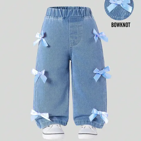 Cute Baby Girl Jeans with Bow Decoration, Elastic Waist Casual Denim Jeans for Daily Wear, Comfortable Fashion Kids' Clothing, Baby Girl Clothes, Toddler Jeans, Bow Decor Pants
