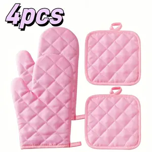 [Pink Oven Gloves] Pink Oven Gloves And Insulation Pad Double-Sided Quilted Diamond Grid Washable Kitchen Baking Cooking Insulation Gloves Anti Scald Pad Dining Mat Microwave Oven Gloves Insulation Pad Set  4pcs