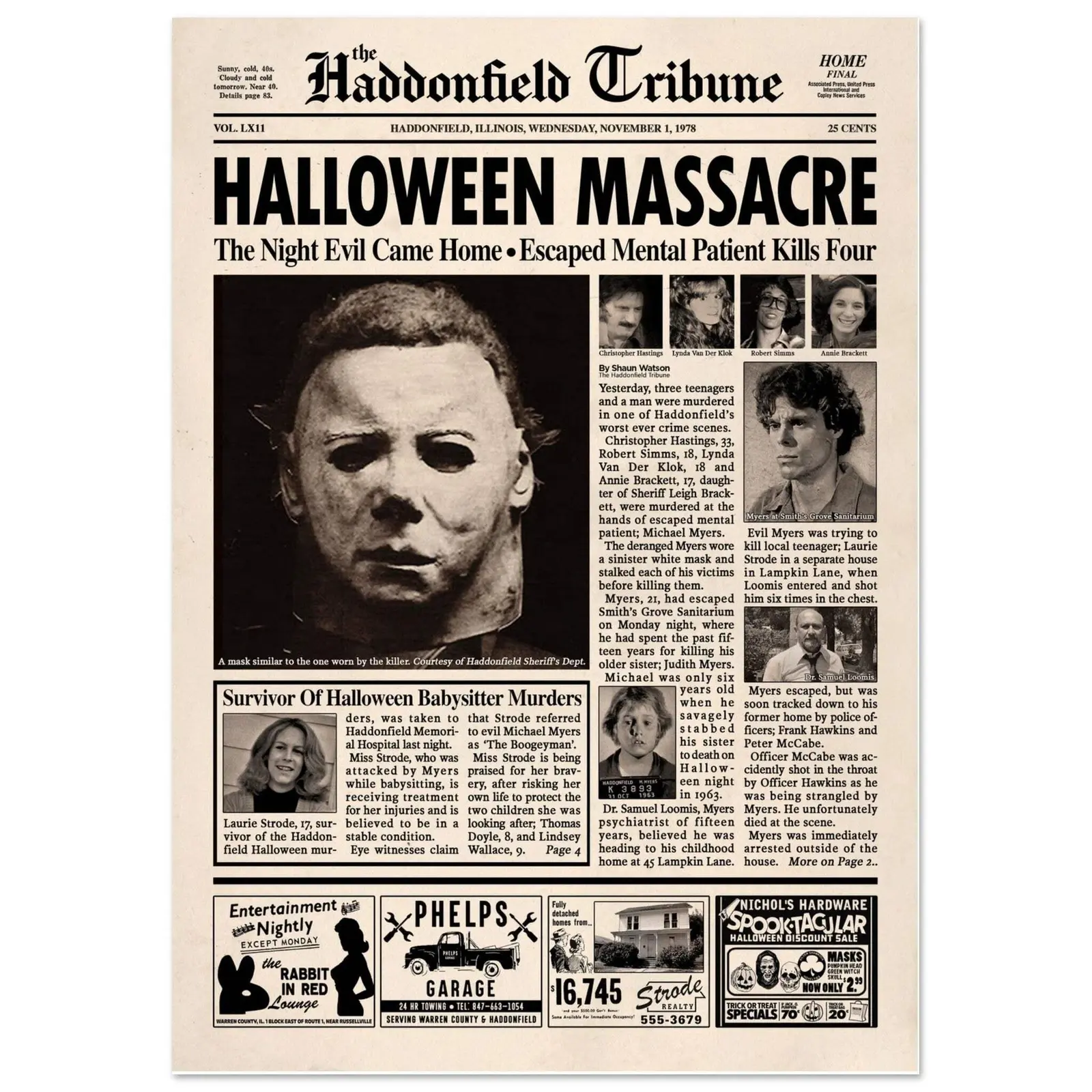 Halloween Haddonfield Tribune Newspaper Poster