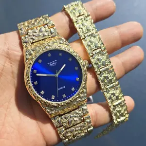 MaxBling81 Men's Hip-Hop Luxurious Gold-Framed Metal-Tone Shiny Quartz Watch - Round Face, Blue Dial, Golden Nuggets Design, Adjustable Watch, Analog Movement, Matching Bracelet Gift, Luxurious Quartz Watches