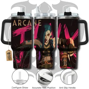 HardTimesMerch - Jinx Arcane #2 40oz Handle Tumbler Stainless Steel Travel Mug, Game Inspired Vacuum Insulated Cup, Large Iced Coffee Tumbler, Manga Fighter Drinkware, Gamer Gift for Him Her