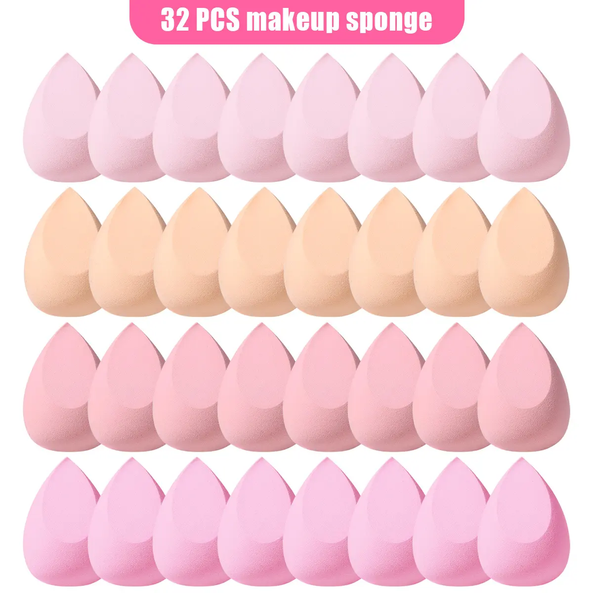 32Pcs Hypoallergenic Pastel Pink Nude Latex-Free Foam Beauty Sponge Kit - Wet-Dry Dual-Use Teardrop Shape Foundation Blenders, Washable Reusable Cosmetic Tools for Freelance Makeup Artists & Beginners, Bulk Daily Makeup Set, Face Sponges For Makeup