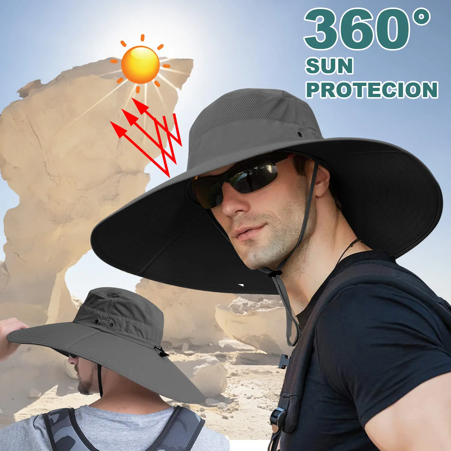 Wide Brim Sun Hat, UPF 50+ UV Protection Waterproof Packable Bucket Hat Fishing Hat for Men & Women,Fishing Hiking Beach Garden
