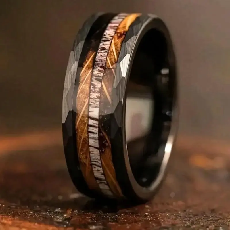 Men's Rustic Ring with Burnt Whiskey Barrel Wood and Antler Inlay, Unique Wedding Band for Daily Wear, Holiday Gift, Unique Rings