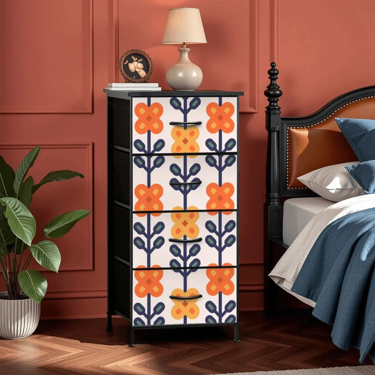 Scandinavian Mid Mod Floral Orange Yellow Blue 4-Drawer Dresser