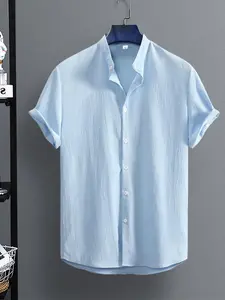 Men's Solid Color Short Sleeve Shirt, Casual Fitted Shirt, Regular Fit Casual Business Collared Top for Summer, Men's Clothes for Daily Wear, Casual Trendy Shirt, Tropical