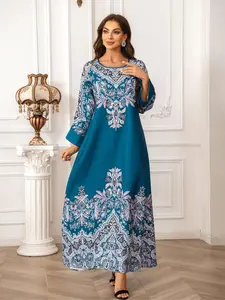 Women's Floral Pattern Faux Pearl Decor Long Sleeve Dress, Elegant Round Neck Long Dress for Party Wedding Guest, Ladies Islamic Clothing for All Seasons