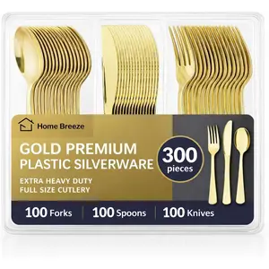 300 Pack Premium Heavy Duty Gold Plastic Silverware, 100 Forks, 100 Spoons, 100 Knives, For Parties, Dinners and Weddings, BPA-Free, Disposable Plastic Cutlery Dinnerware Utensils Set