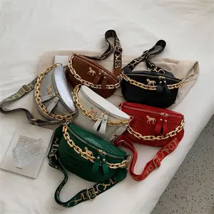 Horse Decor Double Zipper Chain Fanny Pack Crossbody Chest Bag Crocodile Embossed Coin Purse Waist Belt Pocket Runningbelt