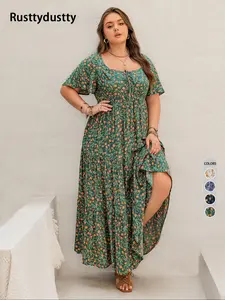 Plus Size Floral Print Ruffle Trim Tie Front Dress, Boho Butterfly Sleeve Square Neck A Line Casual Dress for Summer Beach Vacation Holiday, Women's Clothes for All Seasons
