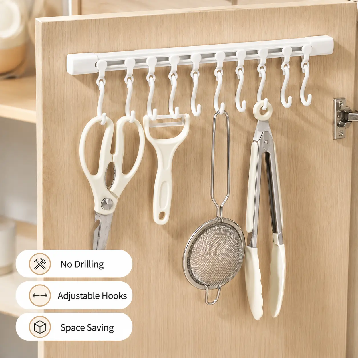 Adhesive Sliding Rail Hook Organizer, No-Drill Adjustable Storage Rack for Kitchen Utensils, Cabinet Doors, Cleaning Tools and Daily Essentials