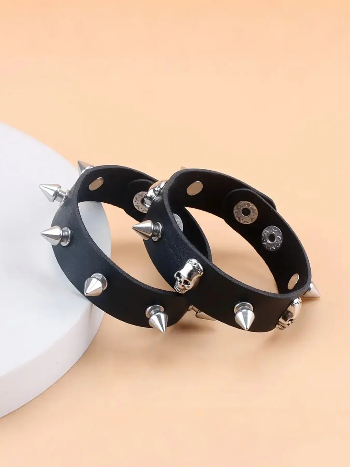Punk Skull Spiked Faux Leather Bracelet Set, Bracelets Accessories, Silver Color Gothic Style, Unisex Streetwear Fashion Accessory, Unique Personality Jewelry, Men