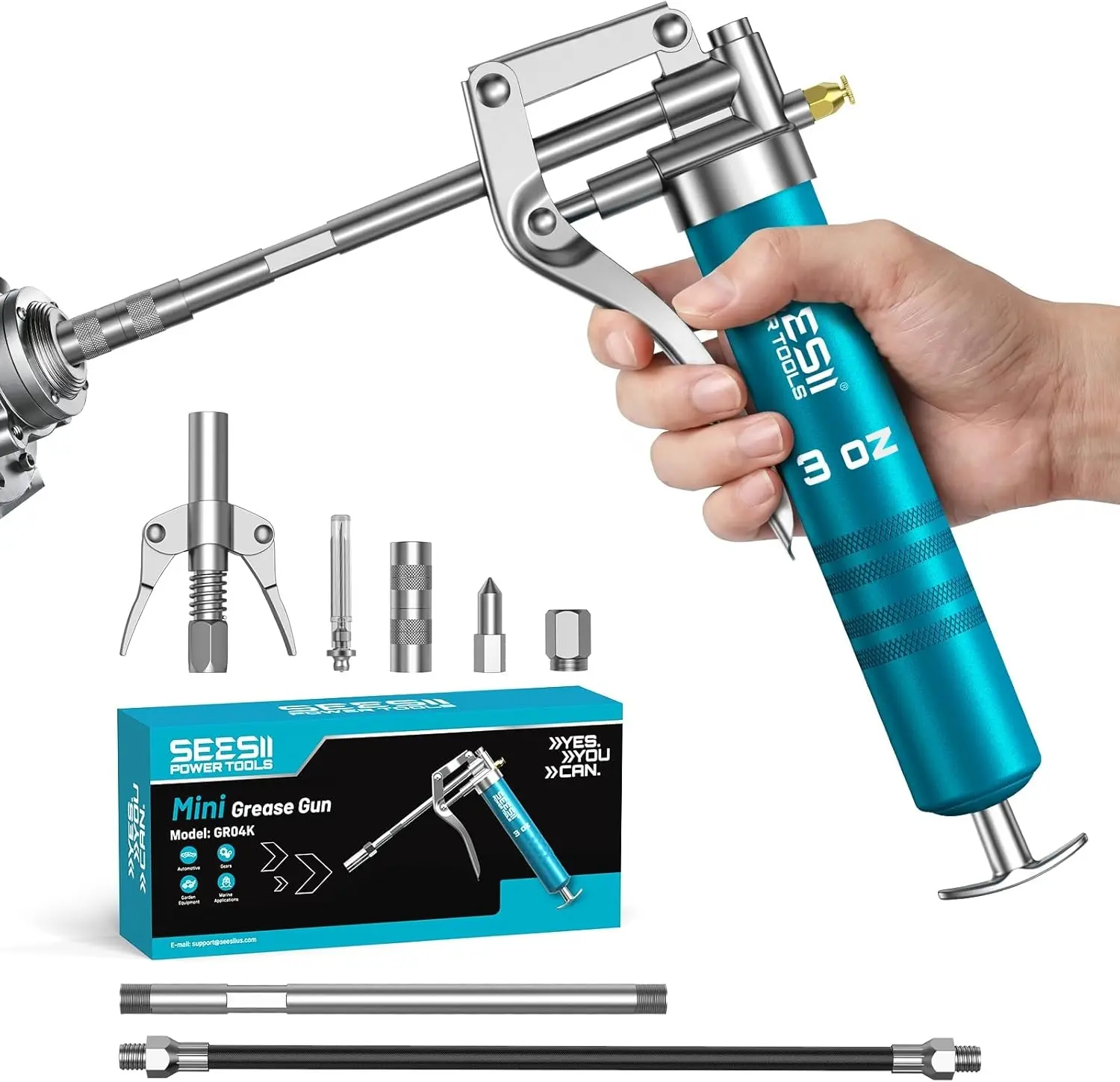 Seesii Mini Grease Gun 3 oz, 4000 PSI Portable Small Grease Gun Kit with Upgraded Air Bleed Valve for Easy Priming, Works with Cartridge & Bulk Grease, 4 Reinforced Couplers for Automotive, Marine