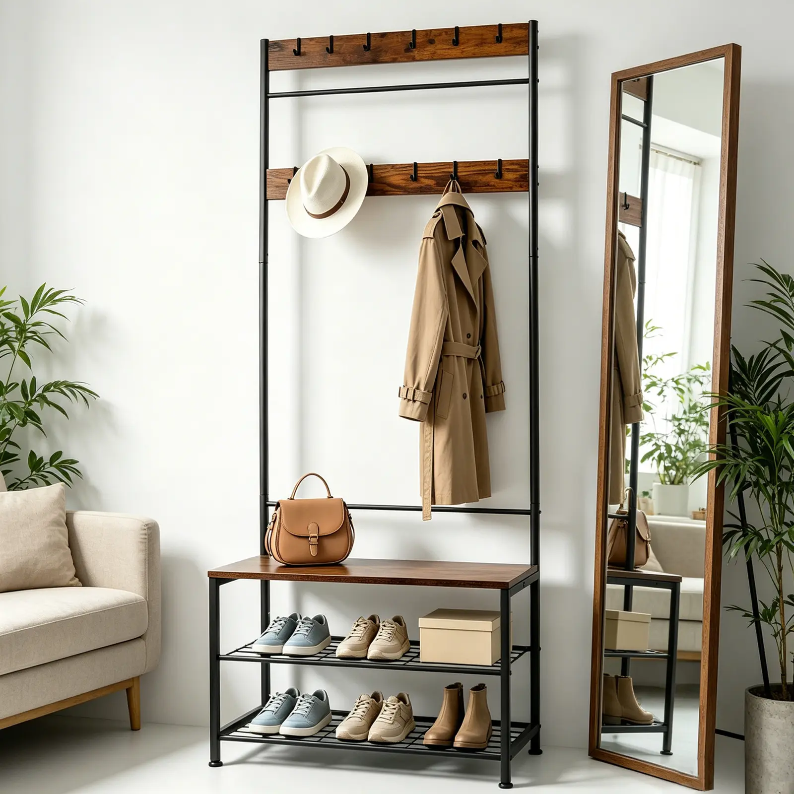 Entryway Shoe and Coat Rack Set - 3-Tier Coat Stand with Double Row Hooks,  Home Organizer, Tool-Free Assembly with All Accessories, Rustic Brown and Black