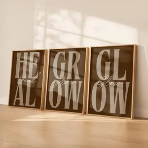 Neutral Brown Wall Art Set of 3 | Heal Grow Glow Prints | Motivational Quote Trio | Wellness Decor | Bedroom Office Digital Download