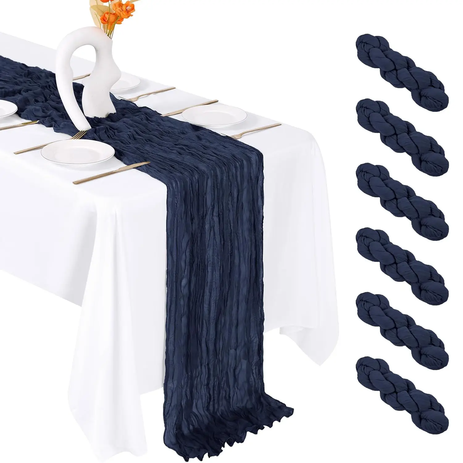 Sets of 6/10 Durable Flexible Navy Blue Gauze Weave Cheese Cloth Table Runners - 17in Wide, 108in Long (9FT) Sheer Texture Rustic Linens for Weddings/Birthdays Romantic Décor, 108 Inches Long