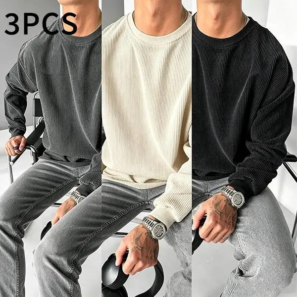 3PCS Men’s corduroy crewneck sweatshirt for spring and autumn—solid color, casual and versatile long-sleeve pullover with a comfortable athletic feel; classic fashion design. Available in long-sleeve or short-sleeve options. Stylish.men's wear flash sale.
