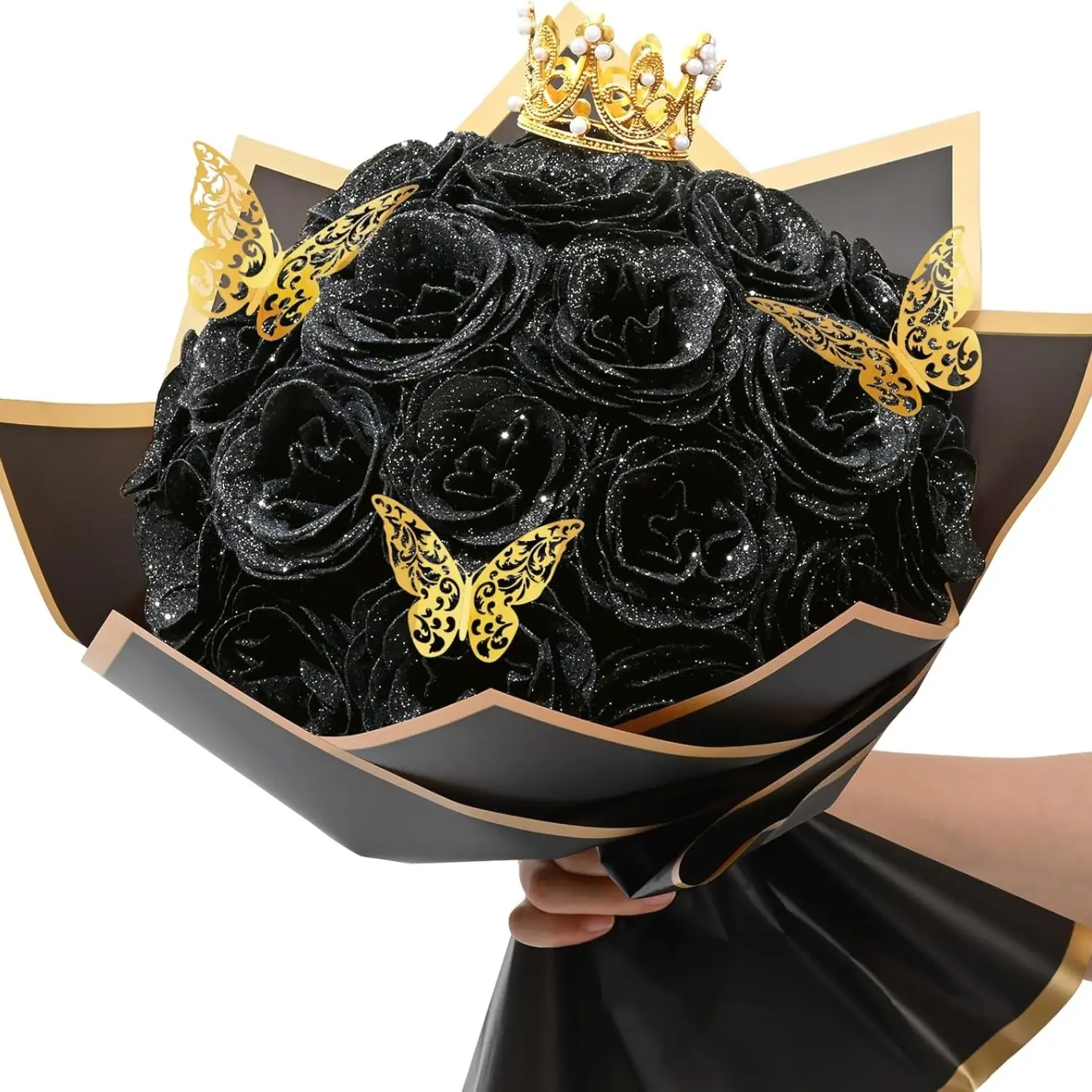 24 Roses DIY Fake Flowers Bouquet, Black Glitter Roses Bouquet, Everlasting Artificial Rose Bouquet for Valentines Day, Anniversary, Mothers Day, Christmas Decoration, Faux Rose Bouquet, Artificial Flower Bouquets, Artificial Flower Decorations