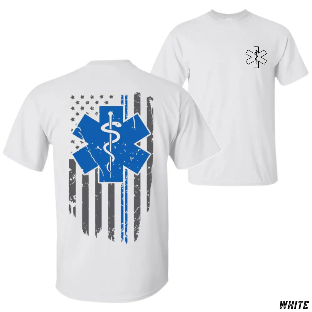 Casual Round Neck Short-Sleeve EMS T-Shirt, Star of Life Flag Top, Thin Blue Line American Flag Graphic, Gift for EMTs Paramedics First Responders Healthcare Heroes, Shortsleeve, Tshirt