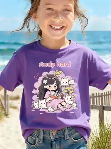Children's summer comfortable "Cute Little Girl" pattern, outdoor casual sports - girls' cartoon printed T-shirt, Funny Graphic Tee