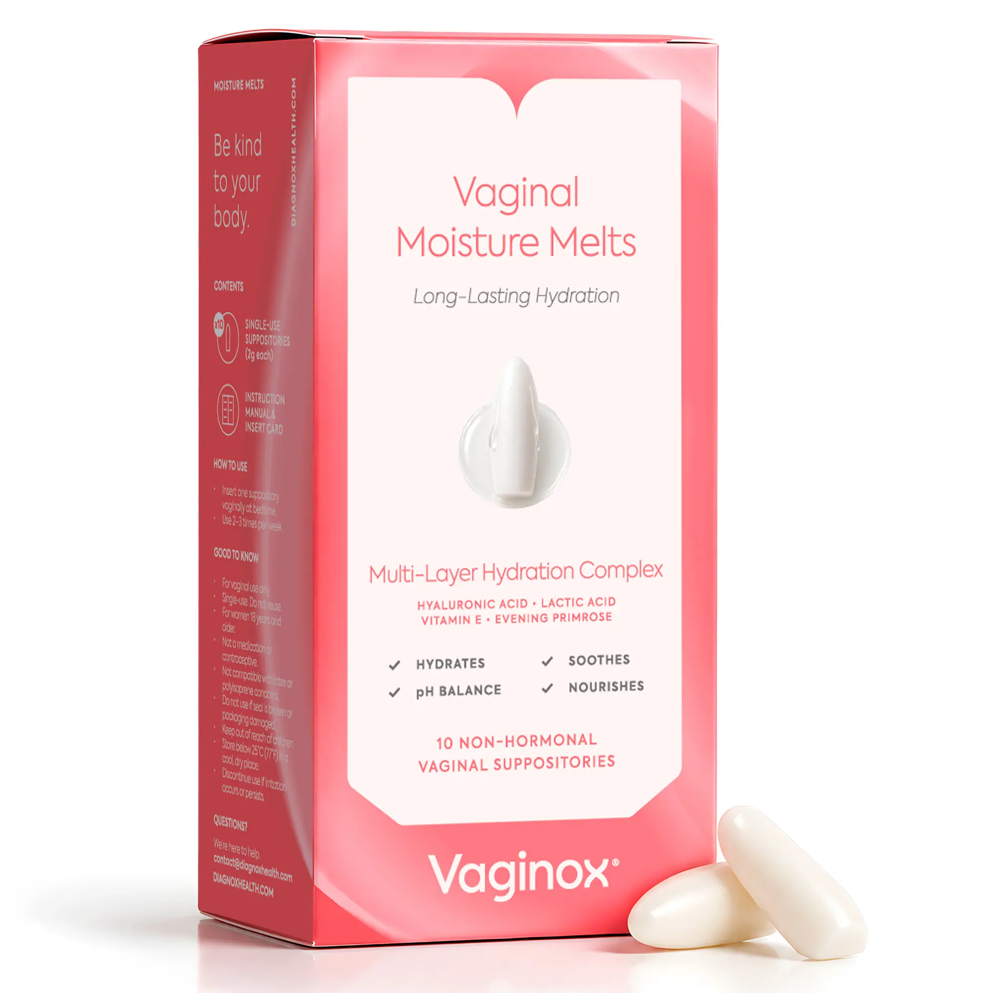 Vaginox Moisture Melts – Hyaluronic Acid Vaginal Suppositories – 4-in-1 Hydration with Lactic Acid, Vitamin E & Evening Primrose Oil – Hormone-Free, Vegan, No Applicator, Made in USA – 10 Count