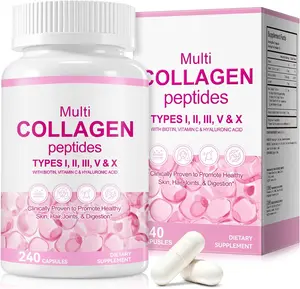 Multi Collagen Peptides Capsules with Types I II V X for Healthy Skin Hair Nails Joint & Bone Support, Hydrolyzed Easy-Digest Collagen Supplement for Women & Men, 240 Count
