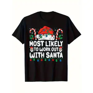 Men'S Funny Christmas T-Shirt - "Most Likely to Work Out with Santa" Graphic Tee - Black Shirt with Red & Green Holiday Design - All-Season Casual Wear for Gym, t shirt graphic tee 90s graphic tees t shirt for men men's t shirts funny graphic tee