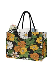 Floral Pattern Large Capacity Storage Bag, Durable Handles, Space-Saving Multi-Purpose Organizer for School Travel Shopping