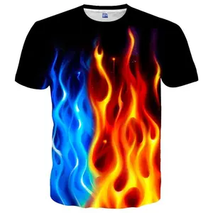 Unisex 3D Blue & Red Flame Print T - Shirt, Vibrant Fire Graphic Tee for Men & Women, Ideal for Casual Wear, Festivals, Street Style, Trendy Adult Fashion Top