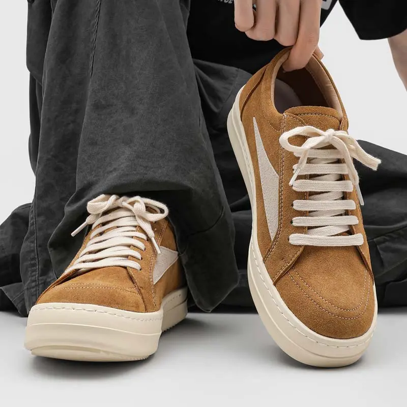 Mens Low Top Sneakers Suede Skate Shoes Fat Laces Chunky Flat Sole Side Stripe Contrast Stitching Lace Up Retro Vintage Y2K Skateboard Streetwear Casual Board Shoes Footwear