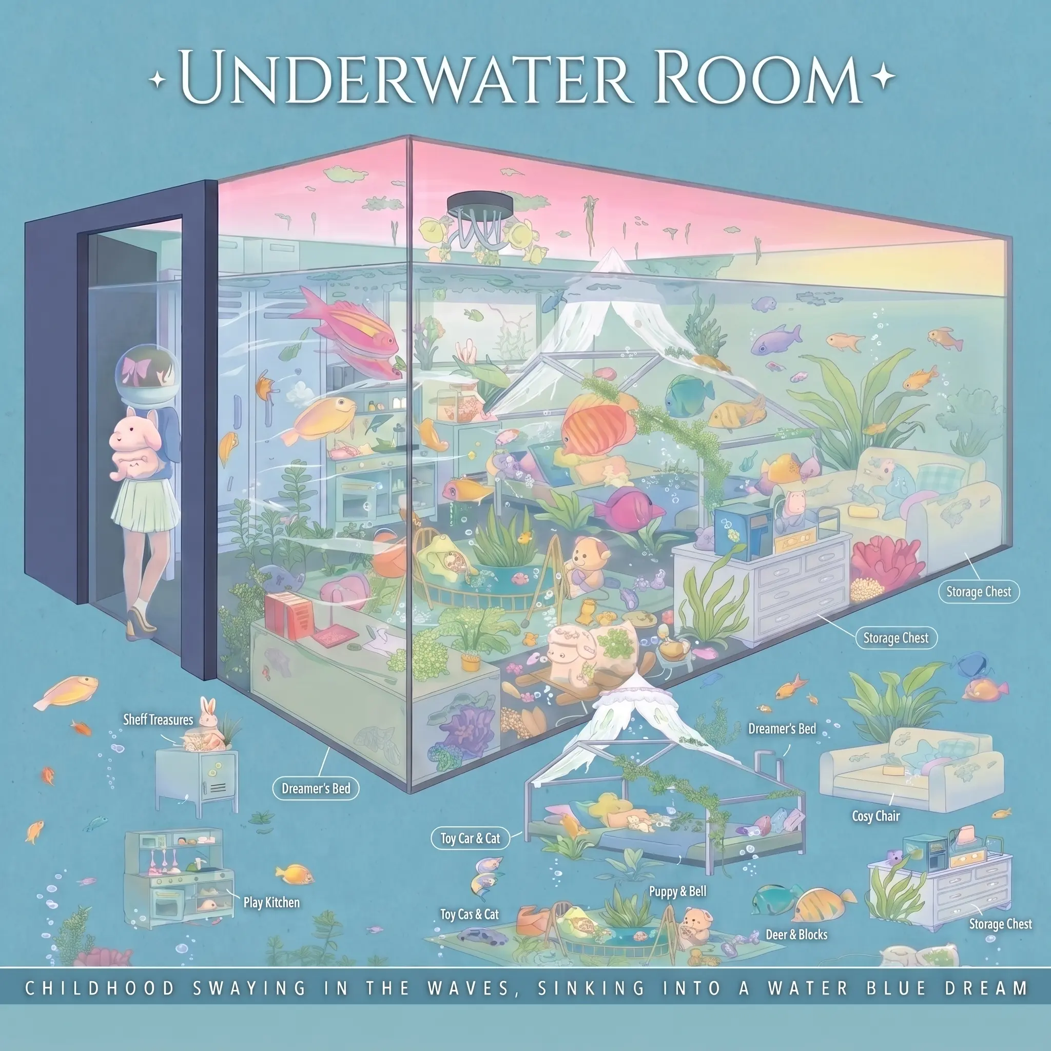 Dream underwater aquarium bedroom sticker set, 3D box layout room base cards, highlighted pre-cut tropical fish, coral, furniture stickers, mermaid helmet prop stickers, DIY multi-layer ocean scene micro scenery handmade craft (includes tweezers)