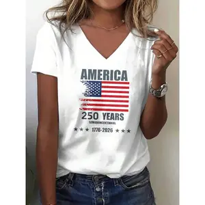 2026 Women V Neck T Shirt White America 250 Years Semi Quincentennial 1776 2026 Flag Print Independence Day Celebration Party Casual Wear