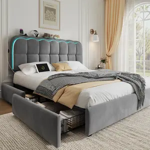 Queen Size Upholstered LED Bed Frame with 4 Storage Drawers and Adjustable Chic Clouds Headboard,Velvet Platform Bed with Charing Station, Wood Slats Support, No Box Spring Needed,Pink/White/Grey,Twin/Full/Queen