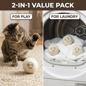 Ball Athletes 6-Pack 100% Natural Wool Balls (2.75") - 2-in-1 Silent Cat Toys & Eco-Friendly Dryer Balls - Safe for Play & Laundry