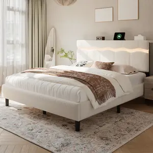 Raybee Bouclé Upholstered Bed Frame with Weave Design LED Light & Build-In Charging Station for Full Queen King, Cream Style Modern Platform Bed Frame with Shelf & Underbed Storage for Aesthetic Bedroom Noise Free No Box Spring Needed Easy Assembly, Gray