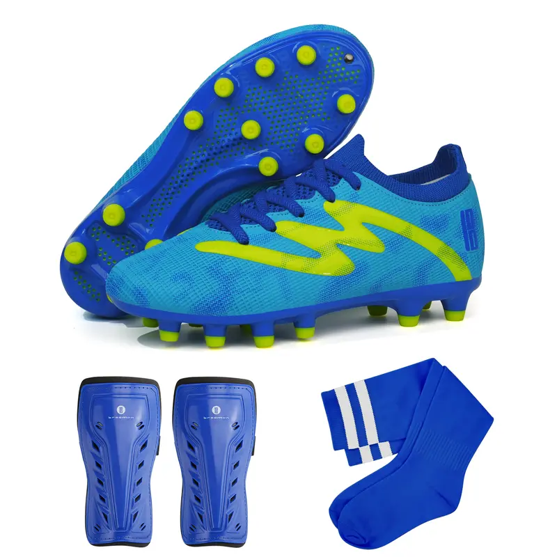 brooman Unisex Kids' All-Seasons Soccer Training Kit - Synthetic FootHug Firm Ground Soccer Shoe, Velcro Fasten Football Cleats, Shin Guards, Socks (Little Kid Sizes)