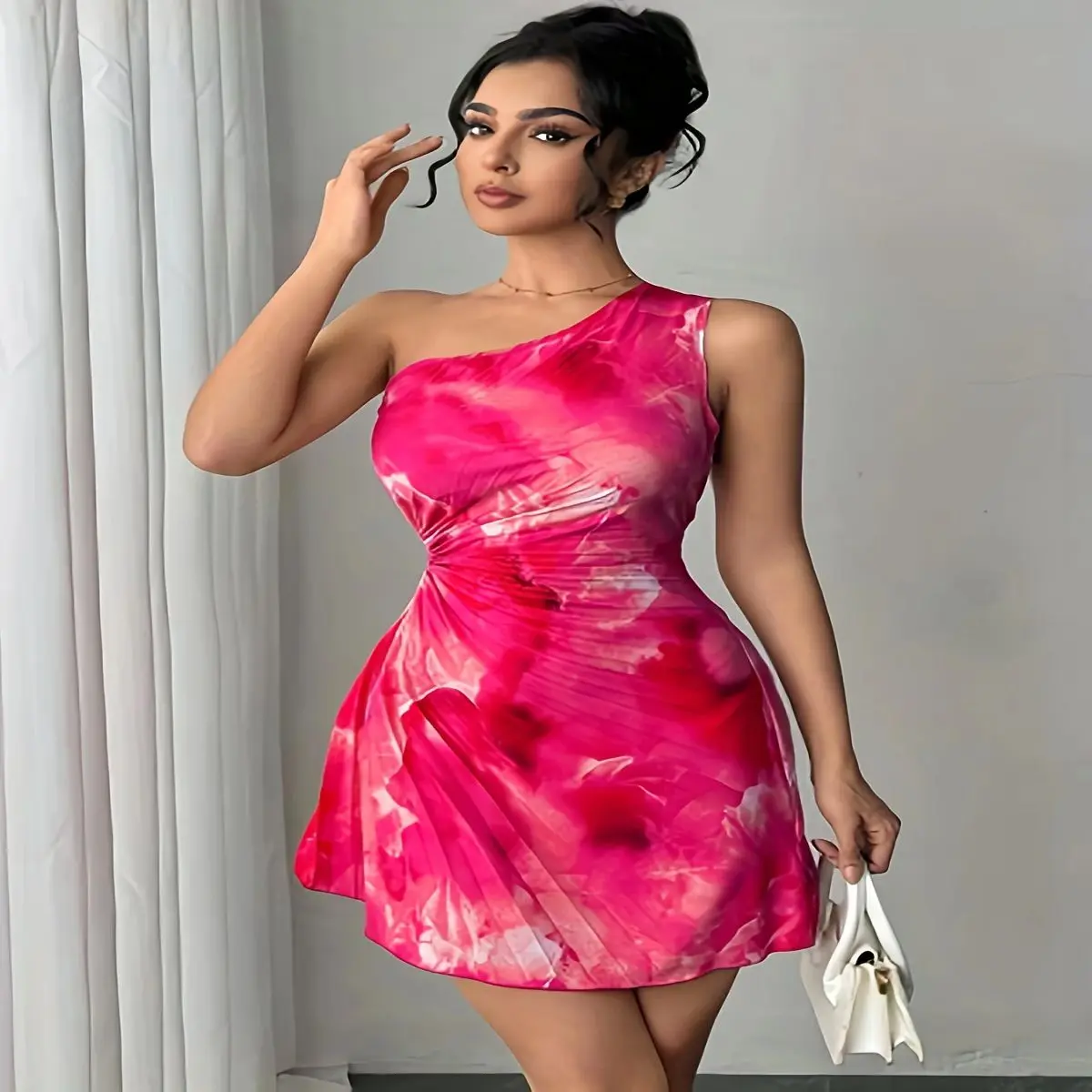 Women's Asymmetric Smudge Print Mini Dress - Chic 1-Shoulder Design with a Cut-Out Waist and Pressed Pleats, Feminine, Casual, Going Out, Ink Wash, Smudge Cutout, One-Shoulder