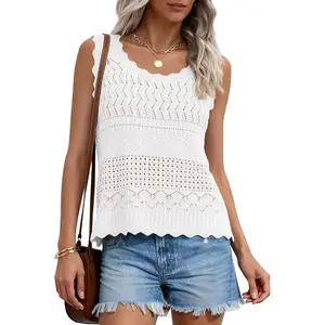 Women's Crochet Knit Tank Top, Hollow Out Casual Sleeveless Blouse Lightweight Sleeveless Knit Top Casual Boho Style Crochet Top