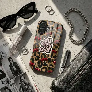 All Glory To God Leopard x Cherry Slogan Case, Y2k Leopard, Cherry Luxe Style Art, Motivation, Phone Cases For 11 to 17Promax