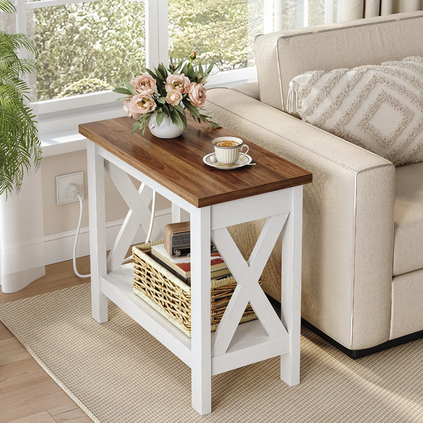 HOOBRO Farmhouse End Table with Charging Station, Narrow Side Table with Open Shelves, 2-Tier End Table with X-Shaped Frame, Small Accent Table, Slim Nightstand, Narrow Sofa End Table, Bedside Table for Living Room, Bedroom, White and Walnut