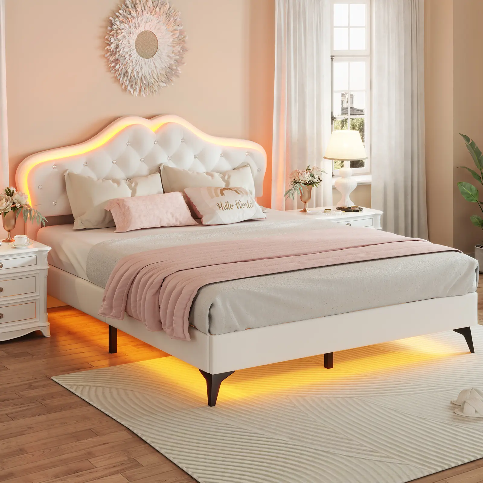 ADORNEVE Full Size Bed Frame - RGB Lights, Adjustable Headboard, Velvet Upholstered, Solid Wooden Slats, Princess Bed for Girls, Bed Frames