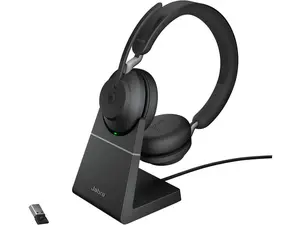 Jabra Evolve2 65 Bluetooth Wireless Headset with Mic for Calls and Music, Dual-Ear Headphones with USB-A Adapter and Charging Stand, Up to 37 Hours Battery, Works with Microsoft Teams, Black