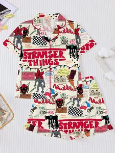 Stranger Things Kids Pajama Set, Cartoon Print Short Sleeves & Loose Fit Shorts, Casual Home Wear for Boys Girls