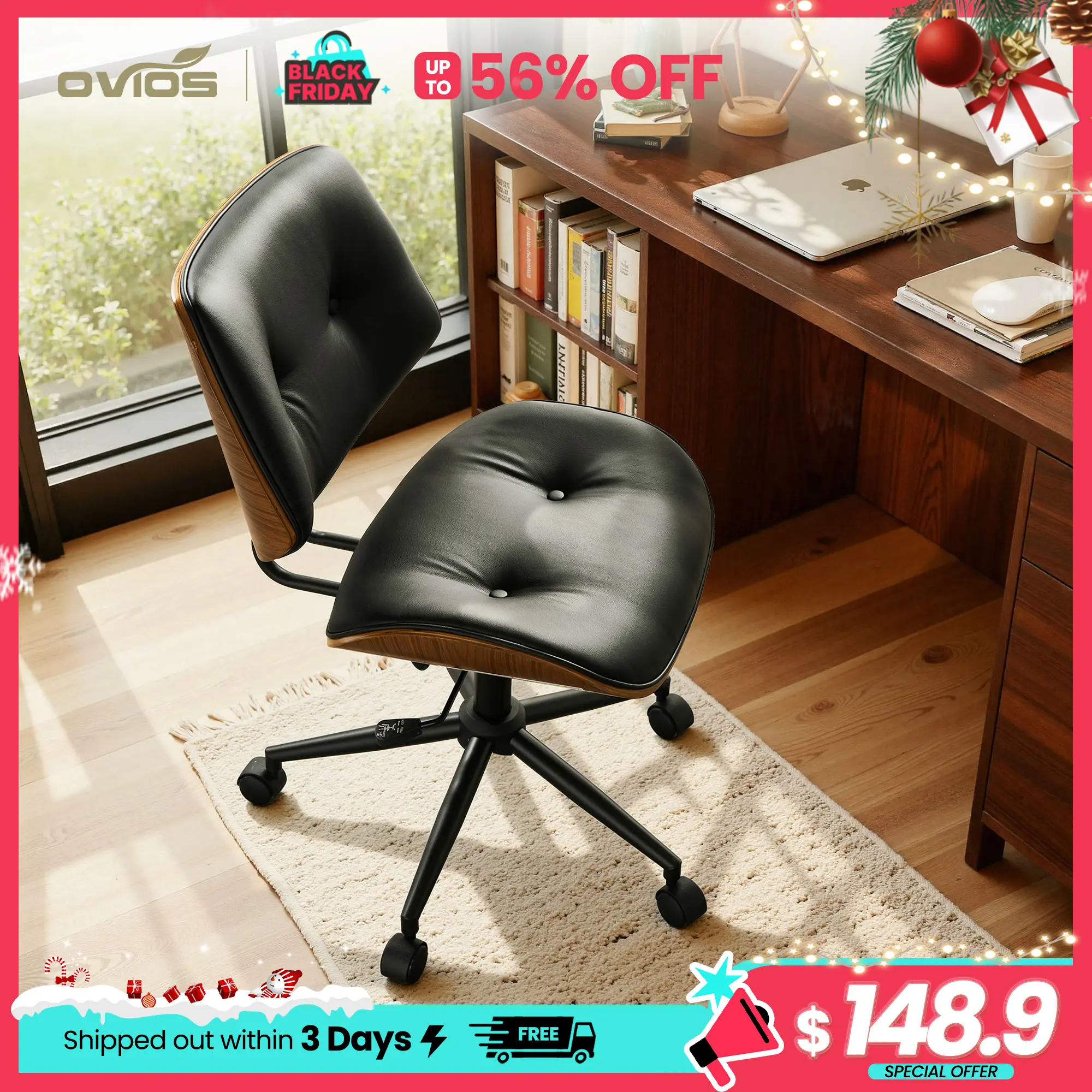 【Summerfinds】Ovios Home Office Chair Mid-Century Modern Faux Suede Leather Chairs, Comfy Deep Seat Adjustable Height Rolling Swivel Executive Computer Task Armchair