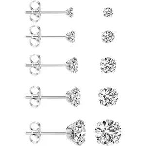 5 Pairs Extra Long Post Earrings 316L Stainless Steel Stud Earrings for Women Hypoallergenic Cubic Zirconia Ear Piercing Studs for Sensitive Ears 3-8mm