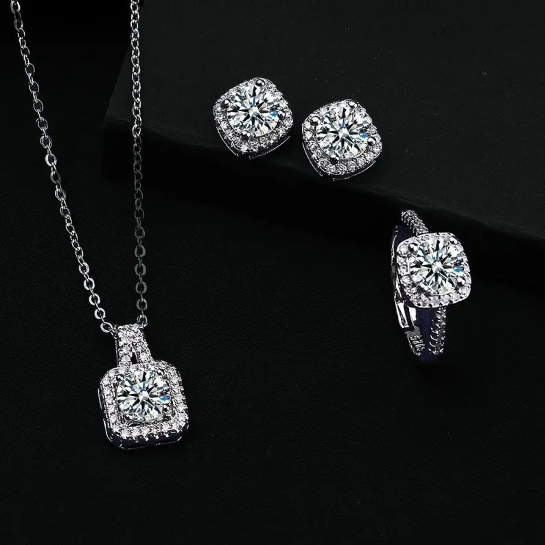 Square Moissanite Necklace Ring Earrings Set, 1Carat 2Carat Moissanite Jewelry Clavicle Chain Ring for Women, Perfect Gift for Girlfriend Mom Wedding Anniversary