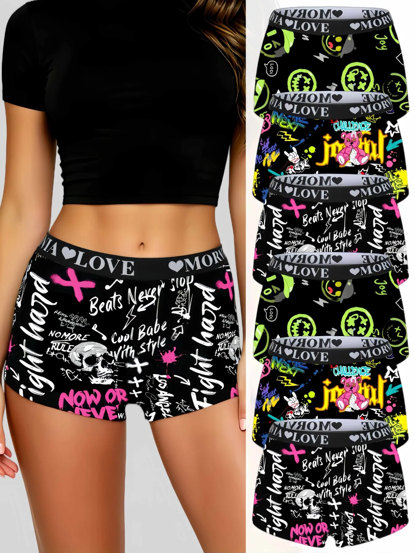 Coachella Outfits Must Have｜6Pcs Rock Graffiti Print Women Boxer Shorts | Stretch Waistband All Season Baddie Lingerie OOTD Elastic Waist Shorts Casual.#CoachellaOutfits #OOTD #Baddie #Lingerie #WomenUnderwear #RockStyle #BoxerShorts