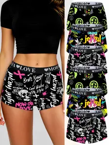Coachella Outfits Must Have｜6Pcs Rock Graffiti Print Women Boxer Shorts | Stretch Waistband All Season Baddie Lingerie OOTD.#CoachellaOutfits #OOTD #Baddie #Lingerie #WomenUnderwear #RockStyle #BoxerShorts